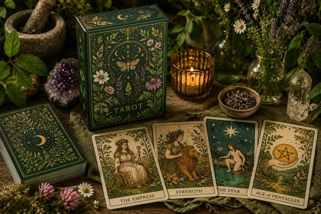 Botanical tarot deck with full colour CMYK printed cards and tuck box